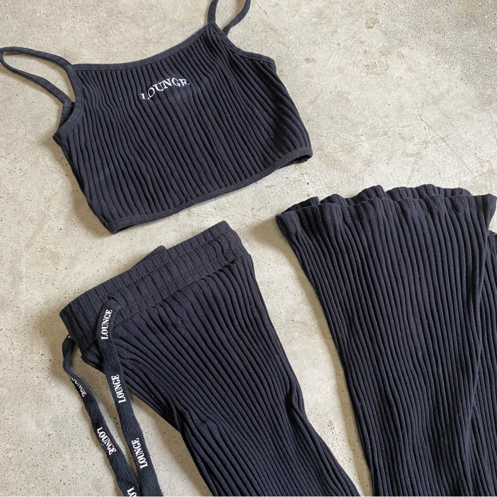Lounge apparel ribbed flare pants and matching tank top set